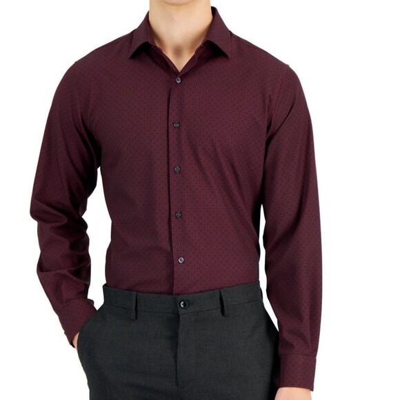 Alfani Mens Slim-Fit 4-Way Stretch Geo-Print Dress Shirt Black Red 16-16.5/32-33 - Picture 1 of 6